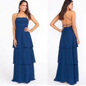 Show Me‎ Your Mumu Calypso Ruffle Dress Women's Large Rich Navy Crisp Chiffon